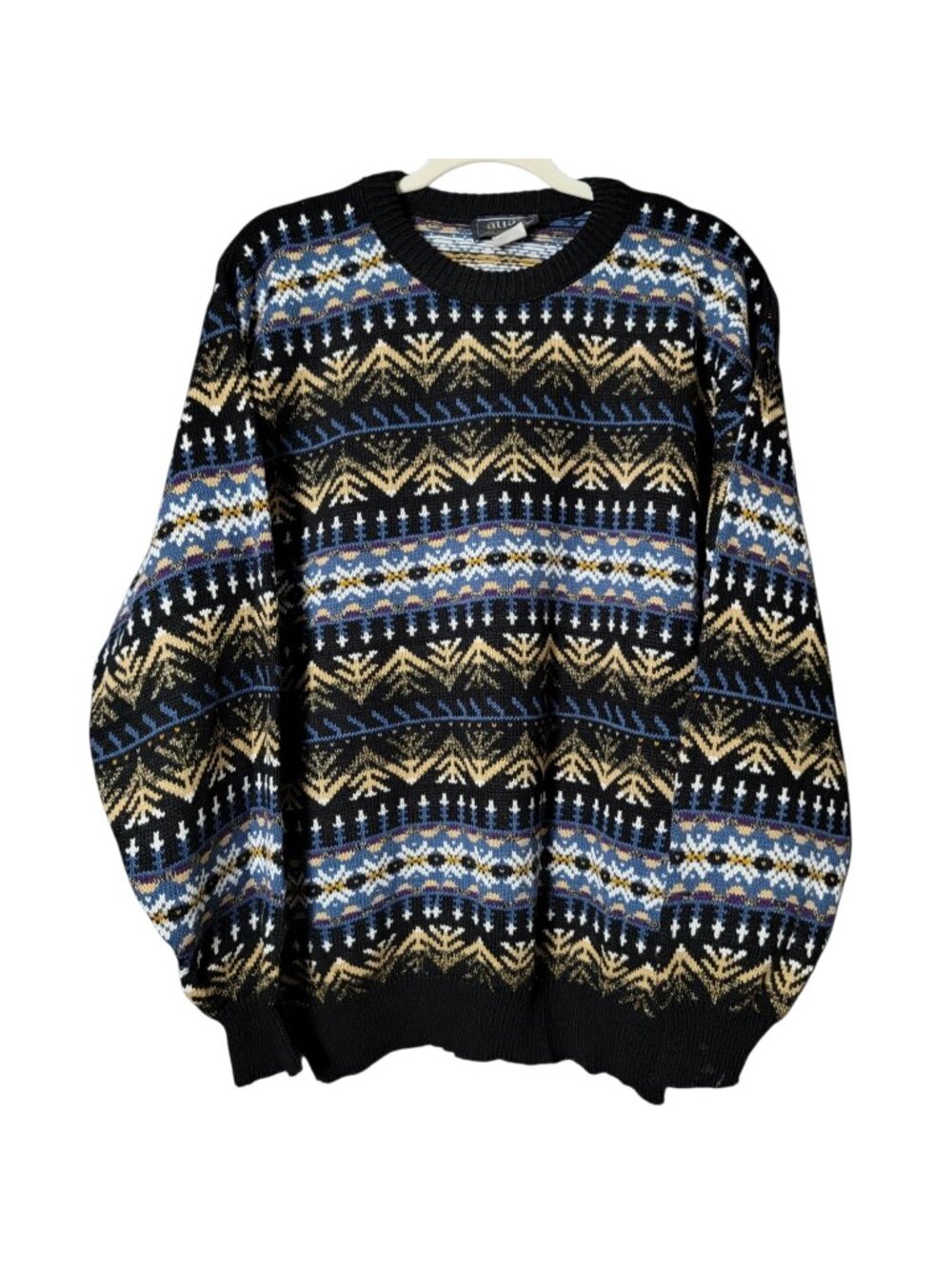 VTG Atlas Mens Blue Geometric Nordic Fair Isle Knit Crewneck Pullover Sweater XL